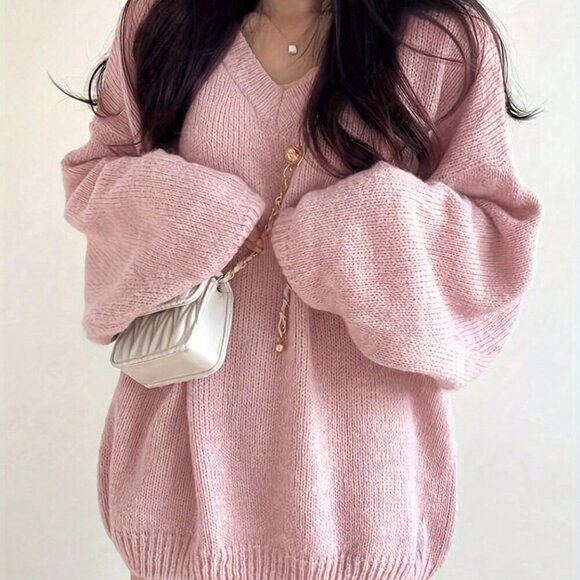 Sweaters - Pink Casual Women's V-Neck Loose Oversized knit Sweater